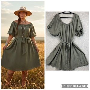 City Chic boho midi dress XS (size 12) olive green balloon sleeve belted comfy